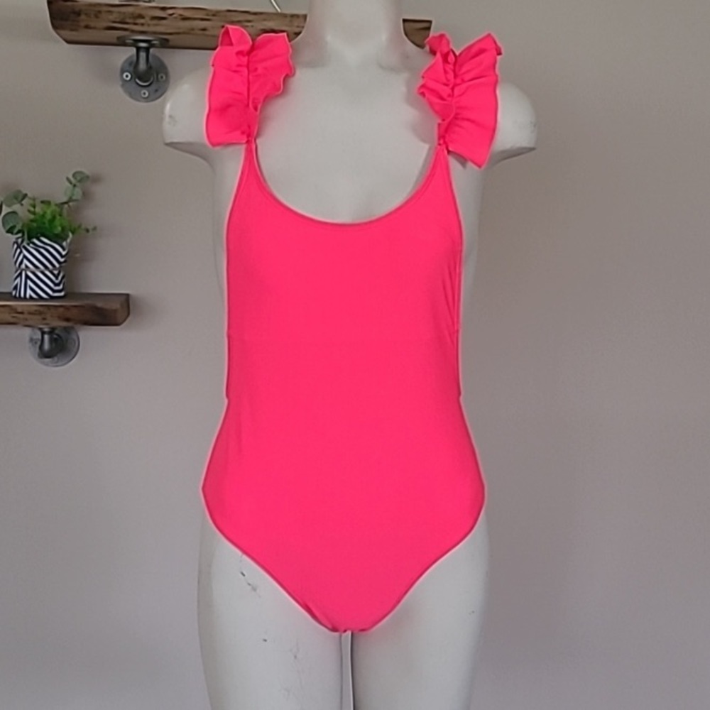 High Cut Hot Pink Ruffle One Piece - Picture 2 of 5